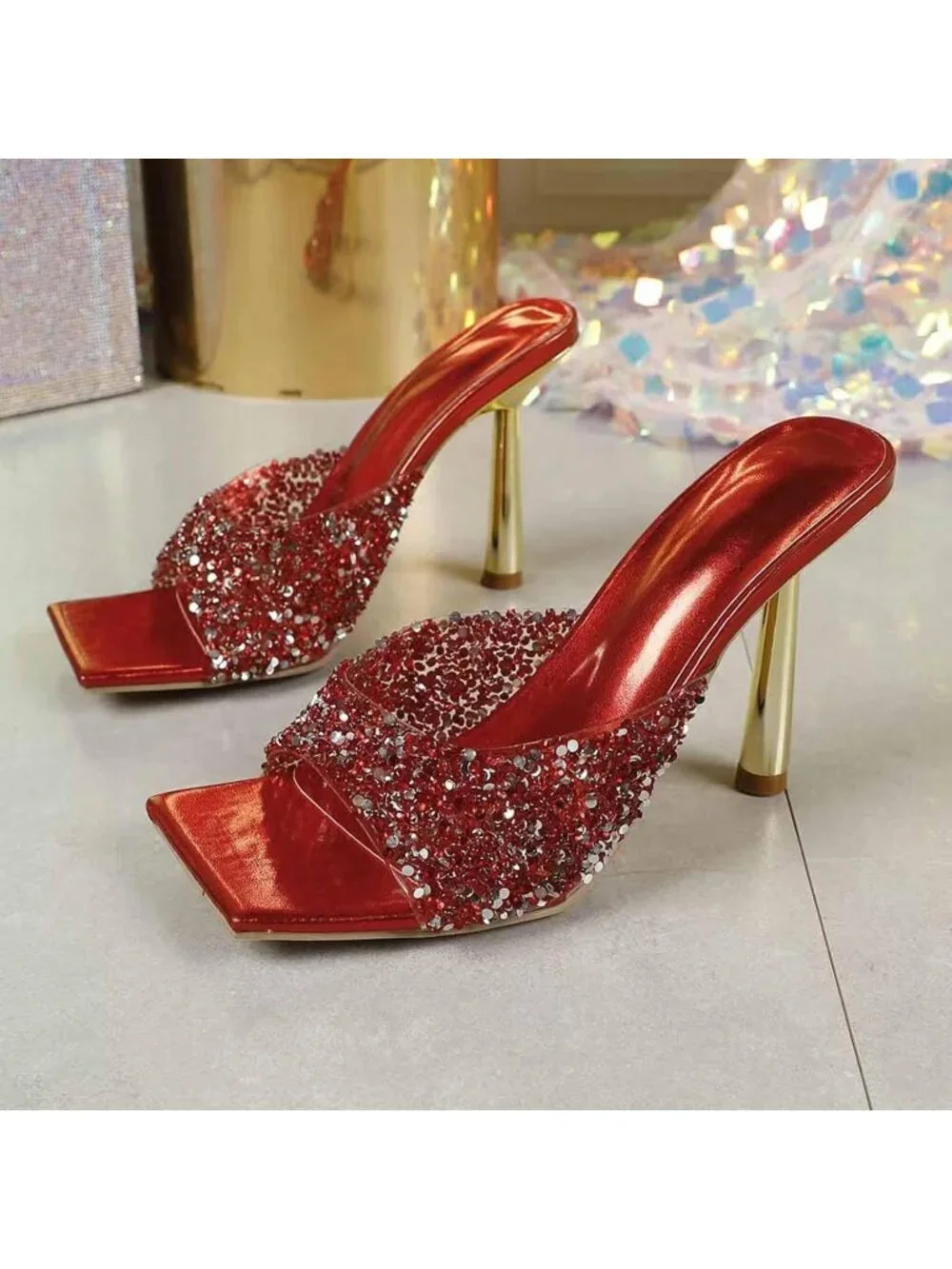 Women's Red Wide Strap Shiny Rhinestones Stiletto Mules Sandals Square Open Toe